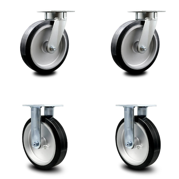 8 Inch Kingpinless Rubber on Aluminum Wheel Swivel Caster Swivel 2 Rigid, 2PK